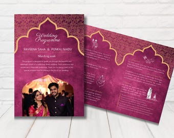 May include: A pink and gold wedding program with an ornate design. The program includes the names "Raveena Saha & Punkaj Naidu" and the date "March 23, 2023". A photo of the couple is featured in a decorative archway.