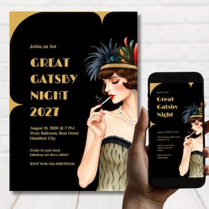 Elegant Art Deco Invitation Template, Minimalist Great Gatsby Invitation, Printable Gatsby Party Invite, Roaring Twenties, Editable Template