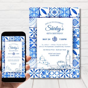 Elegante invito a tema greco, invito modificabile Santorini, invito per festa di compleanno in Grecia, piastrelle blu, invito ispirato alla Grecia