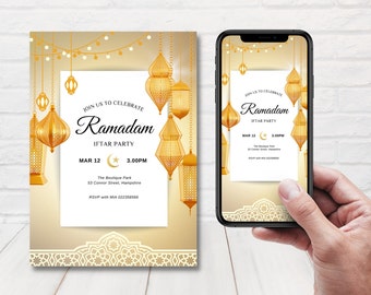 Puede incluir: Una invitación dorada a una fiesta de Iftar de Ramadán con un símbolo de luna creciente y estrella. La invitación presenta un borde decorativo y linternas colgantes. El texto dice "Join us to celebrate Ramadan Iftar Party, Mar 12, 3:00PM, The Boutique Park, 53 Connor Street, Hampshire, RSVP with MIA 022358566".