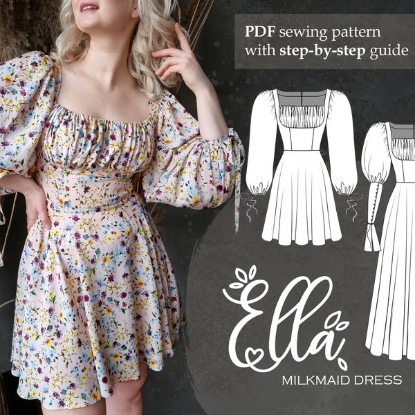 Milkmaid style dress - puff sleeves - ruched bust - EU 32-42 US 0-10-Instant download A4 A0 Letter PDF sewing pattern