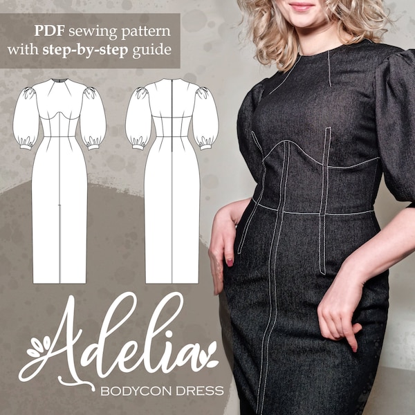 Corset like bodice fitted dress - accent topstitching and puff sleeve EU 32-42 US 0-10-Instant download A4 A0 Letter PDF sewing pattern