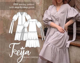 Boho puff sleeve midi dress - long tie cuff - two-tier gathered skirt - EU 32-42 US 0-10-Instant download A4 A0 Letter PDF sewing pattern