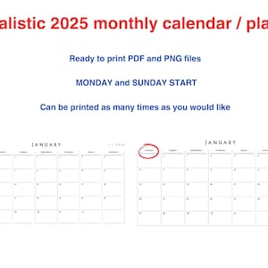 Calendário minimalista para impressão 2025 PNG, calendário PDF, calendário mensal, início no domingo, início na segunda-feira, calendário horizontal tamanho A4, 12 meses