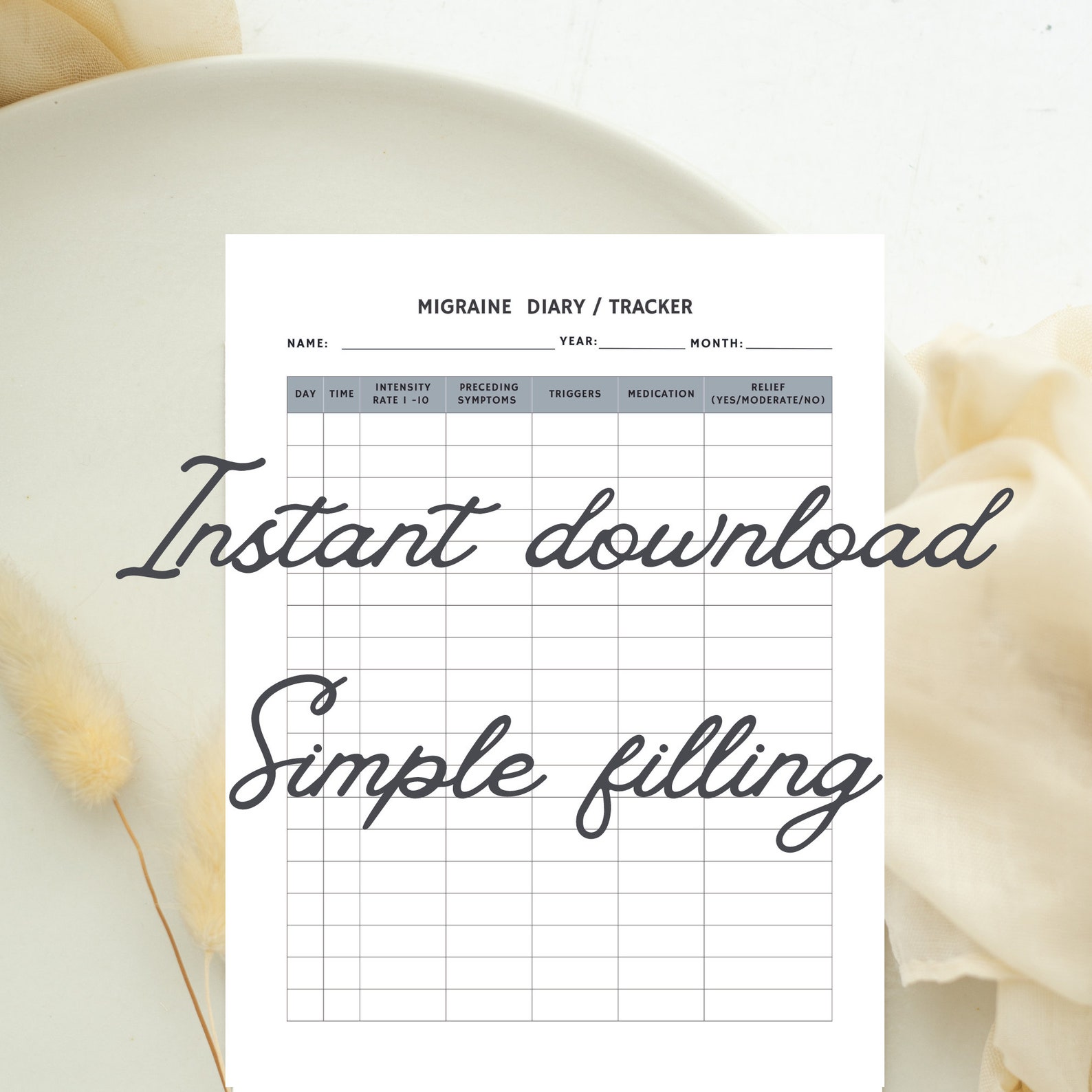 Printable and Fillable Migraine Headache Diary Tracker, Easy Editable ...