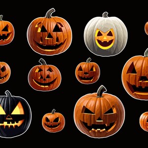 File digitali di Halloween per stampe di decorazioni da parete o vestiti, vettoriali, adesivi zucca PNG, design di t-shirt o maglioni