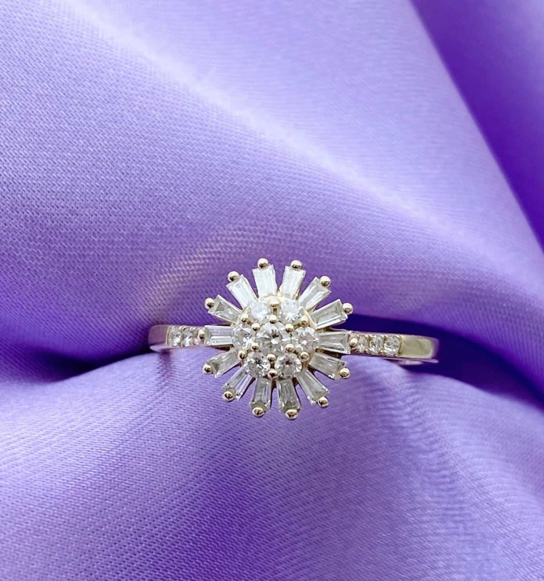 Round Baguette Cut Engagement Ring in 14k Solid Gold /cubic Zirconia ...