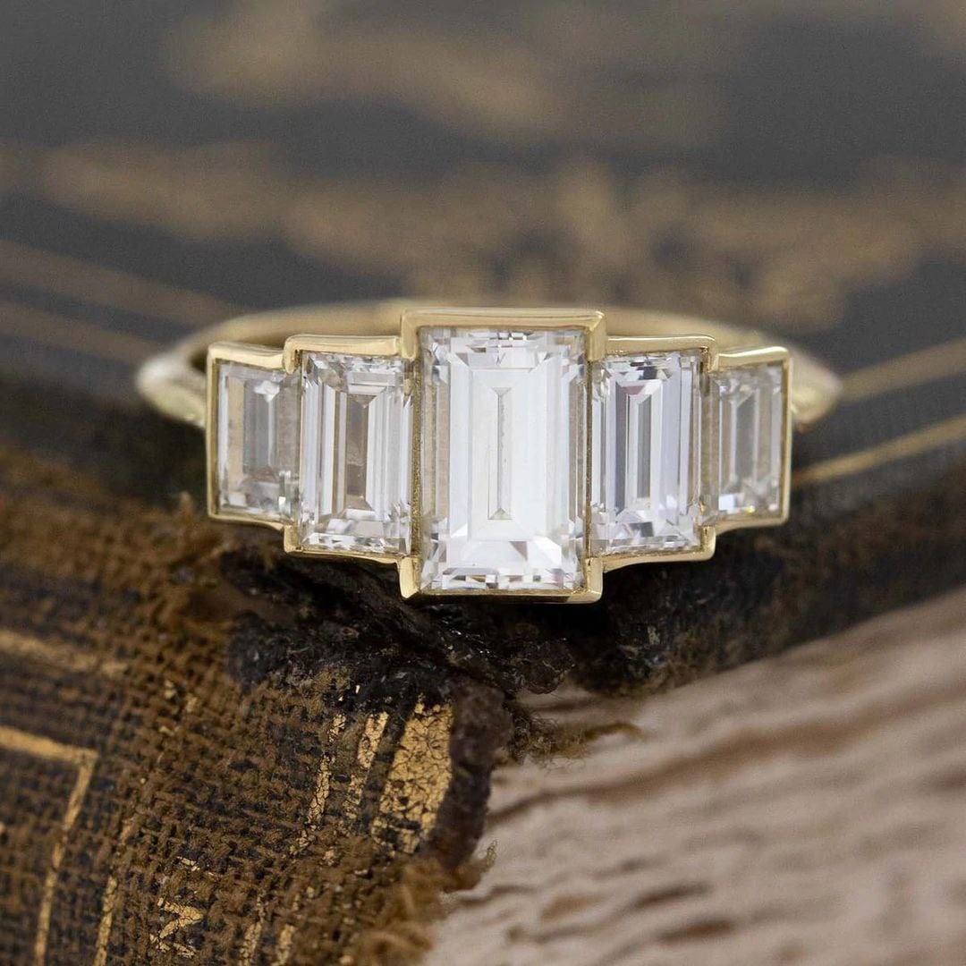Five stone emerald cheap cut diamond ring