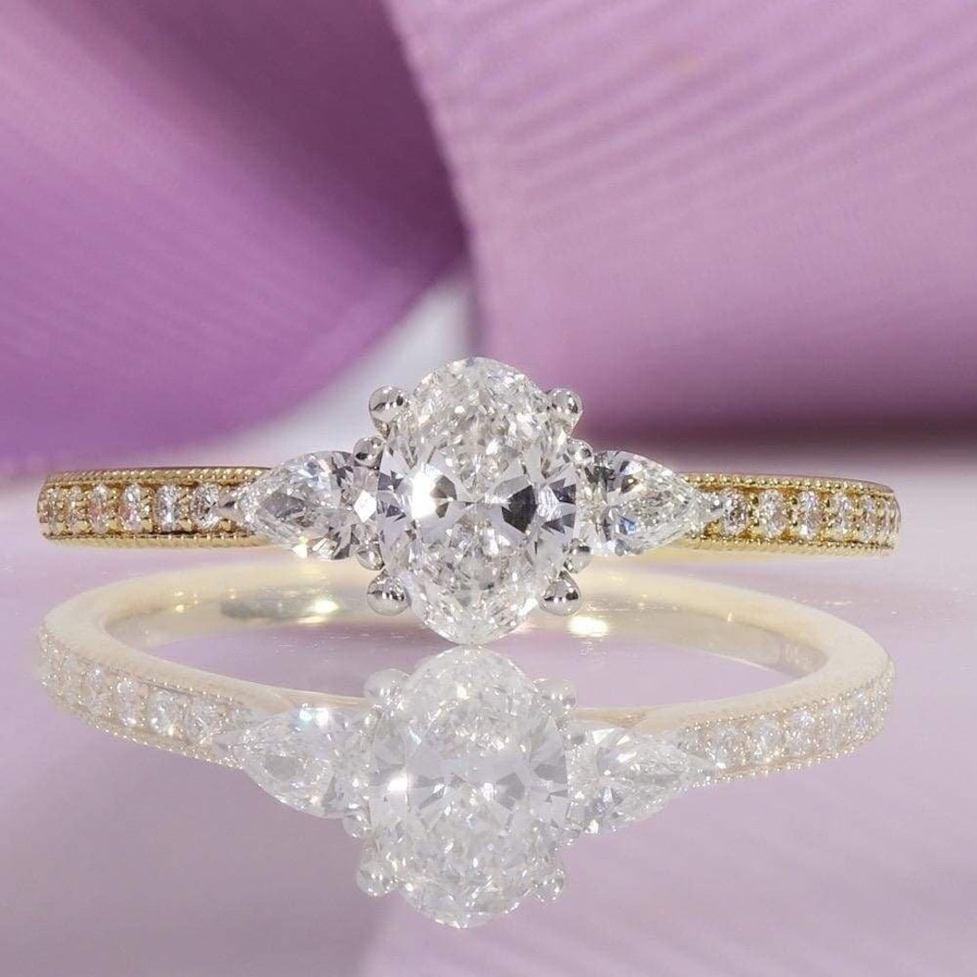 Oval CZ Engagement Ring Oval Wedding Ring Three Stone Vintage Diamond