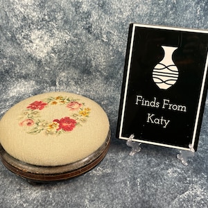 Antique Round Three-footed Tapestry/Needlework Foot Stool with Ring of Red, Yellow & Pink Flowers with leaves on Cream Cushion on Wood base