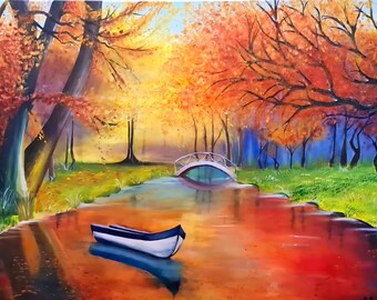 May include: An oil painting depicts a serene autumn landscape. A white boat with blue trim floats on a reflective river. The scene includes a small white bridge, trees with vibrant orange and red foliage, and a backdrop of blue and green.
