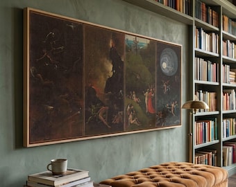 May include: A large rectangular framed triptych painting featuring dark, detailed scenes of figures in a landscape, mounted on a sage green wall above a tufted brown velvet ottoman and a stack of books with a ceramic mug on a wooden side table.
