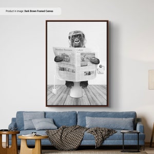 Funny Bathroom Art Print, Monkey Chimpanzee In Bathroom Reading Newspaper, Jungle Animal On Toilet, Funny Kids Bathroom Humor And Jokes