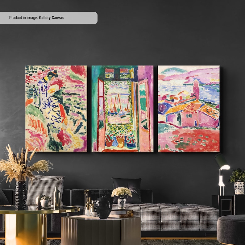 May include: A three-piece gallery canvas set featuring abstract paintings in vibrant colors. The left panel depicts a woman in a landscape, the middle panel shows a window with a view of a harbor, and the right panel shows a village with a pink building.