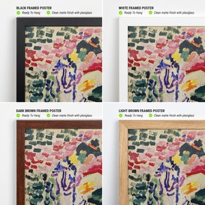 May include: A colorful abstract painting with a variety of colors, including pink, green, yellow, and purple. The painting is framed in a black, white, dark brown, or light brown frame. The frame is ready to hang.