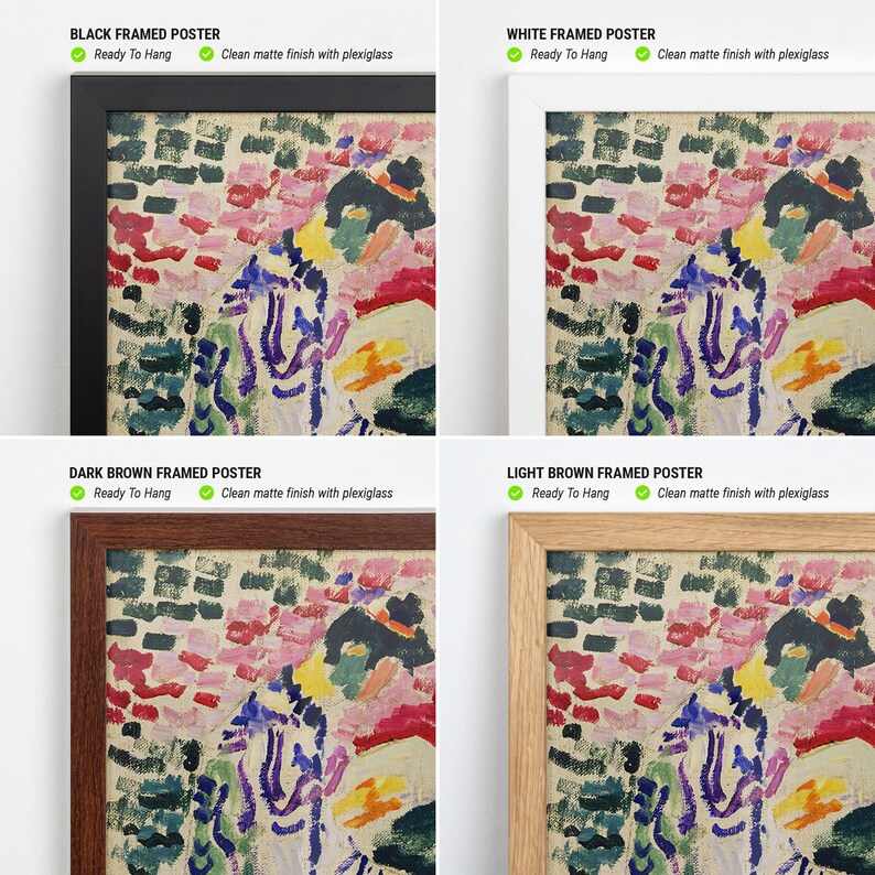 May include: A colorful abstract painting with a variety of colors, including pink, green, yellow, and purple. The painting is framed in a black, white, dark brown, or light brown frame. The frame is ready to hang.