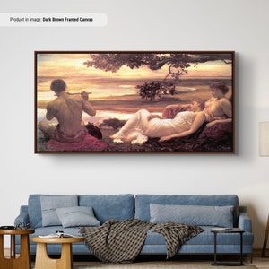 May include: A painting depicting three figures in a landscape setting. A man plays a flute while two women recline on the ground. The painting is framed in dark brown wood.