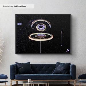 May include: Black framed canvas art featuring a futuristic space station design against a starry background. The artwork depicts a circular structure with multiple rings and connecting elements, evoking a sense of science fiction and space exploration.