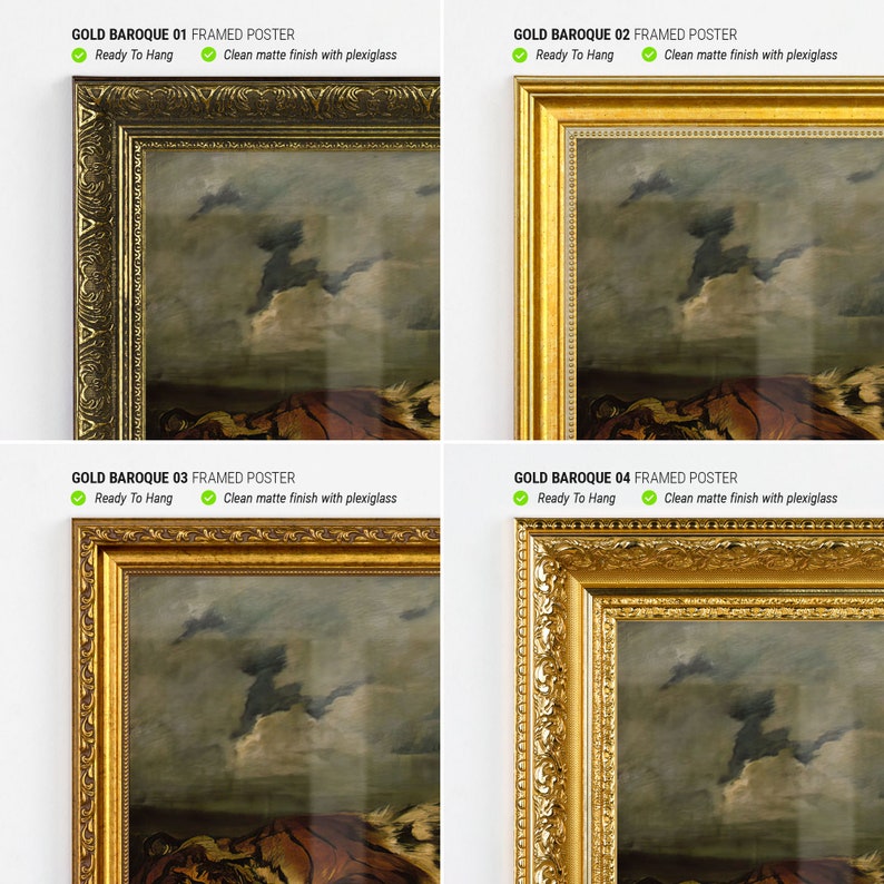 May include: Four framed posters with gold baroque frames. Each poster features a landscape painting with a cloudy sky and a tiger. The text "GOLD BAROQUE FRAMED POSTER" is visible on each poster. The posters are ready to hang and have a clean matte finish with plexiglass.