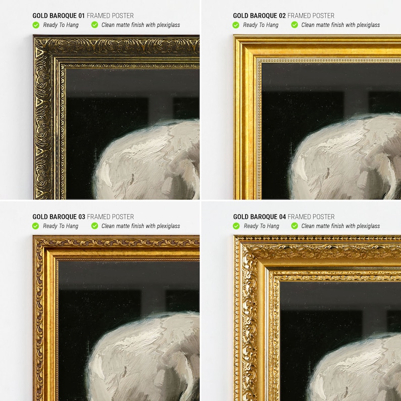May include: Four gold-framed posters, each featuring a white skull painting. The frames have a baroque design with intricate details. Each poster is labelled "Gold Baroque" and numbered 1 to 4.