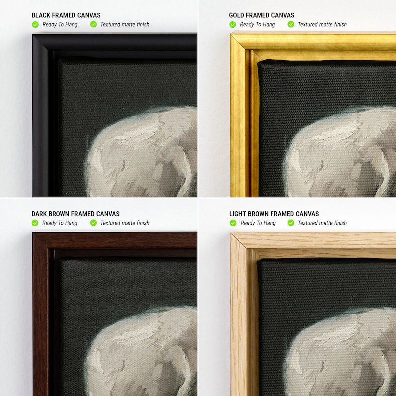 May include: A close-up of a framed canvas print of a skull. The canvas is available in four frame colours: black, gold, dark brown, and light brown. The canvas is ready to hang and has a textured matte finish.