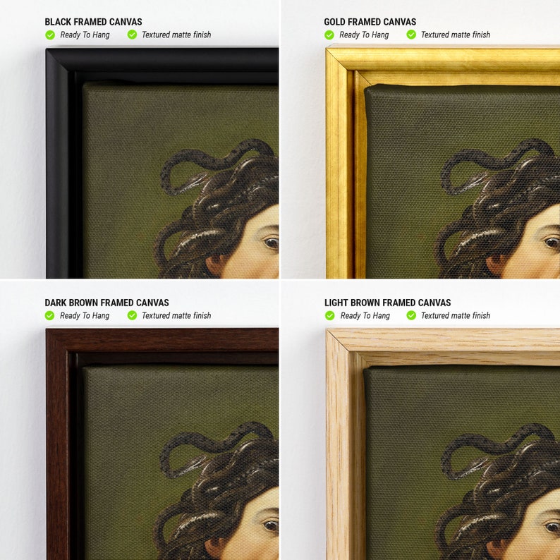 Puede incluir: Una impresi&oacute;n en lienzo enmarcada de una pintura que representa a una mujer con serpientes como cabello. La impresi&oacute;n est&aacute; disponible en cuatro colores de marco: negro, dorado, marr&oacute;n oscuro y marr&oacute;n claro.