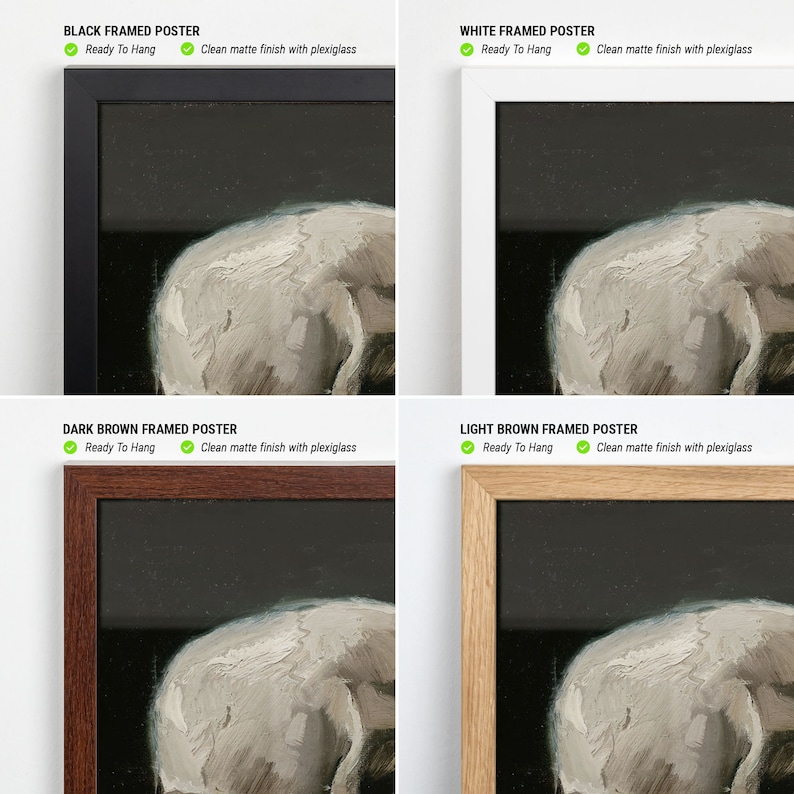 May include: Four framed posters of a painting of a white pig. The frames are black, white, dark brown, and light brown. The posters are ready to hang and have a clean matte finish with plexiglass.