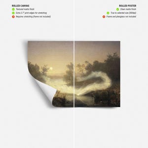 Pode incluir: Uma impress&atilde;o em tela enrolada e um p&ocirc;ster enrolado de uma pintura de paisagem. A pintura retrata uma cena iluminada pela lua com um rio, &aacute;rvores e uma forma&ccedil;&atilde;o de luz et&eacute;rea e brilhante. A tela tem um acabamento fosco texturizado. O p&ocirc;ster tem um acabamento fosco limpo.