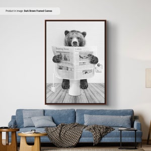 Funny Bathroom Art Print, Brown Bear In Bathroom Reading Newspaper, Wild Animal On Toilet, Funny Kids Bathroom Humor And Jokes
