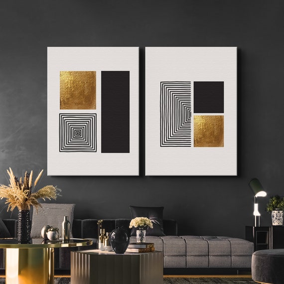 minimalistische Abstrakt Formen Schwarz Geometrische große Set Formen Wandkunst Leinwand/Poster Gold Kunstdruck, Wandkunst, Zeitgenössische Gemälde, 2er