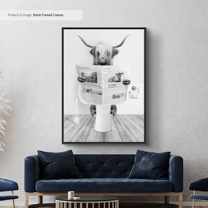 Funny Bathroom Art Print, Scottish Highland Cow In Bathroom Reading Newspaper, Farm Animal On Toilet, Funny Kids Bathroom Humor And Jokes