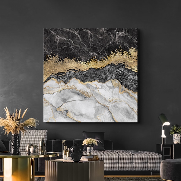 Black Gold Abstract Canvas Wall Art Etsy
