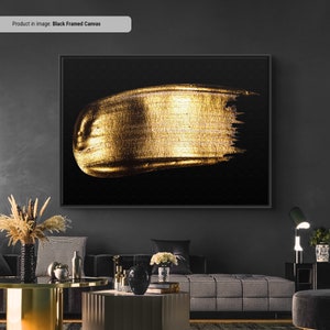 Large Gold Paint Stroke On Black Background Canvas/Poster Art Reproduction, Huge Abstract Canvas Wall Art, Modern Art Expressionism Painting