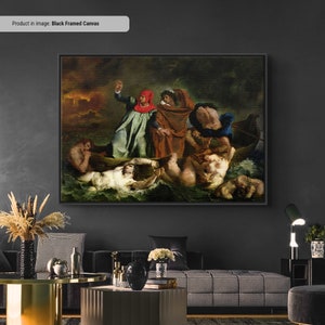 May include: A black framed canvas print of a classical painting depicting figures in a boat on turbulent water. The artwork features a dramatic scene with figures in various poses, with a dark, stormy sky in the background.