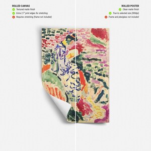 May include: A colorful abstract painting of a woman in a landscape. The painting is available as a rolled canvas print with textured matte finish or as a rolled poster with a clean matte finish.