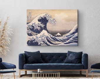 The Great Waves of Kanagawa Fish Tank Backdrop Poster Big Tsunami Ocean Decor with Blue Sky Photography Background Colorful L36 X H24 Inch