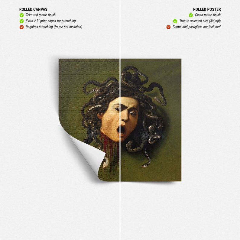 Puede incluir: Un primer plano de una pintura de la cabeza de Medusa con serpientes como cabello. La pintura est&aacute; disponible como impresi&oacute;n en lienzo enrollado con acabado mate texturizado o como p&oacute;ster enrollado con acabado mate liso.