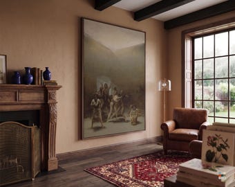 May include: A large rectangular framed wall art piece featuring a muted, sepia-toned painting of a group of figures in a hazy, cavernous setting. The artwork is displayed on a tan wall above a wooden fireplace mantel with blue vases.