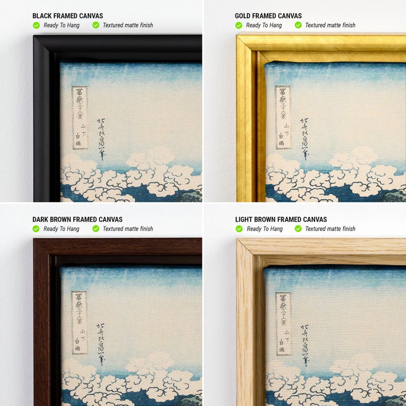 Op de afbeelding: Vier ingelijste canvas prints met een Japanse landschap met blauwe en witte wolken en water. De frames zijn zwart, goud, donkerbruin en lichtbruin. Elk canvas is voorzien van "Ready To Hang" en heeft een "Textured matte finish."