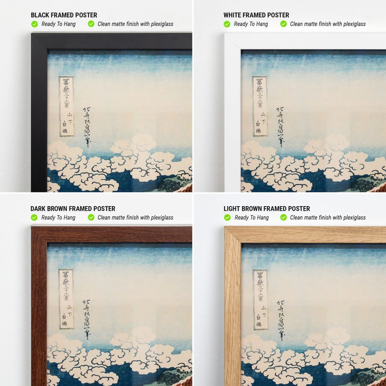 Op de afbeelding: Vier ingelijste kunstafdrukken met een traditioneel Japans landschap met blauwe en witte wolken en tekst. De frames zijn zwart, wit, donkerbruin en lichtbruin. Elke print is klaar om op te hangen en heeft een schone matte afwerking met plexiglas.