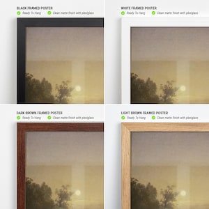Pode incluir: Quatro cartazes emoldurados mostrando uma pintura de paisagem com um p&ocirc;r do sol. As molduras s&atilde;o pretas, brancas, castanho escuro e castanho claro. Cada cartaz &eacute; rotulado com a cor da moldura e o texto: "Ready To Hang" e "Clean matte finish with plexiglass."