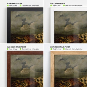 May include: Four framed art prints showcasing a tiger painting. The frames are black, white, dark brown, and light brown. Each print is ready to hang and has a clean matte finish with plexiglass.