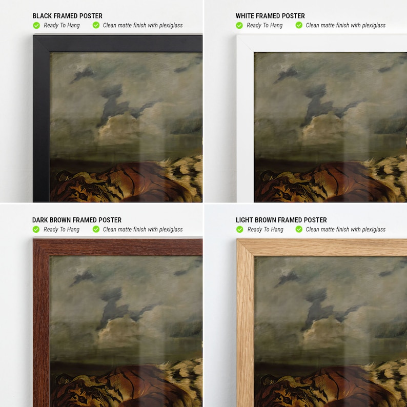 May include: Four framed art prints showcasing a tiger painting. The frames are black, white, dark brown, and light brown. Each print is ready to hang and has a clean matte finish with plexiglass.