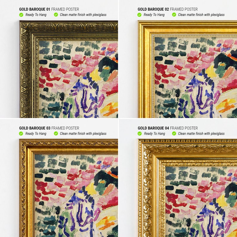 May include: Four framed posters with gold baroque frames. Each poster features an abstract painting with bold colors and geometric shapes. The paintings are all different, but they share a similar style.