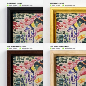 May include: Four framed canvas prints of an abstract painting with a textured matte finish. The frames are black, gold, dark brown, and light brown.