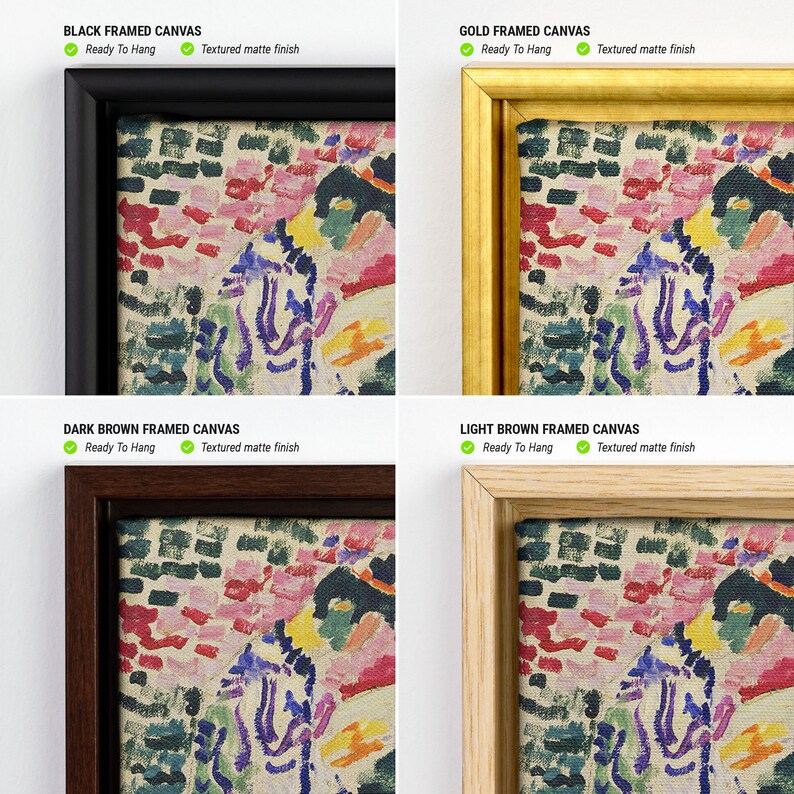 May include: Four framed canvas prints of an abstract painting with a textured matte finish. The frames are black, gold, dark brown, and light brown.