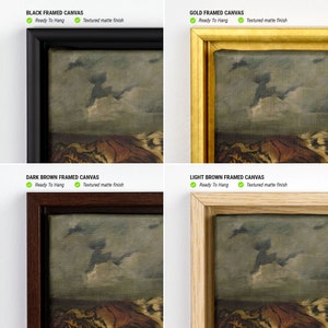 May include: Four framed canvas prints showcasing a landscape painting with a textured matte finish. The frames are black, gold, dark brown, and light brown. Each canvas is ready to hang.