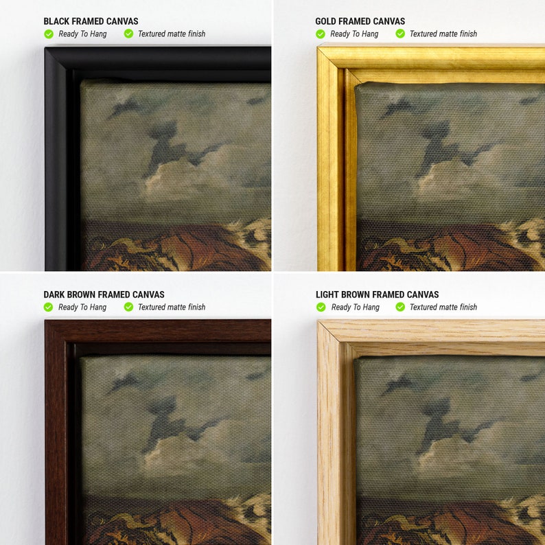 May include: Four framed canvas prints showcasing a landscape painting with a textured matte finish. The frames are black, gold, dark brown, and light brown. Each canvas is ready to hang.