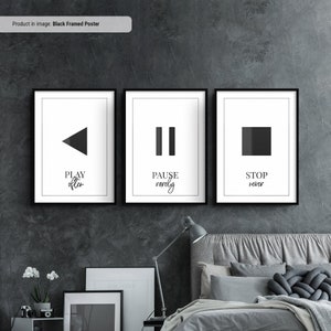 Minimal Black and White Canvas/Poster set, Minimalist Wall Art, Contemporary Art Canvas, Living Room Wall Art, Stop Pause Play shapes