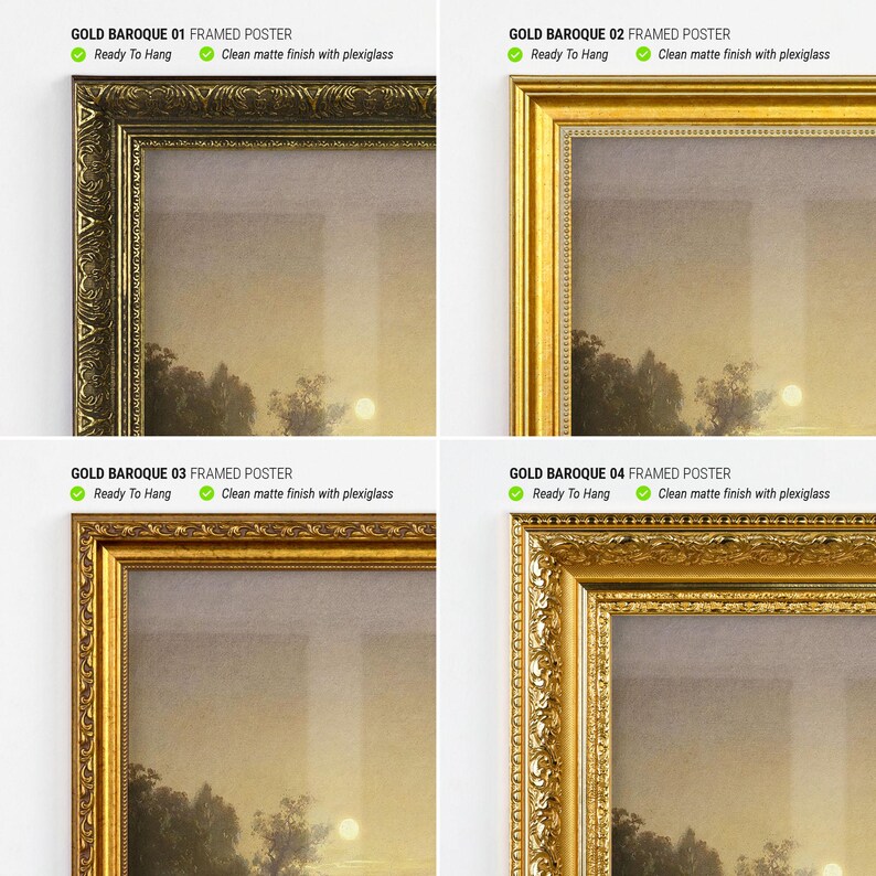 Pode incluir: Quatro cartazes emoldurados com molduras barrocas douradas. Cada cartaz apresenta uma paisagem com um p&ocirc;r do sol ou nascer do sol. O texto "GOLD BAROQUE FRAMED POSTER" est&aacute; no topo de cada moldura, com "Ready To Hang" e "Clean matte finish with plexiglass" abaixo.